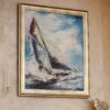 Tablou acrilic pe panza, rama de lemn, reprezentat de velier pe mare, 83 x 70 cm